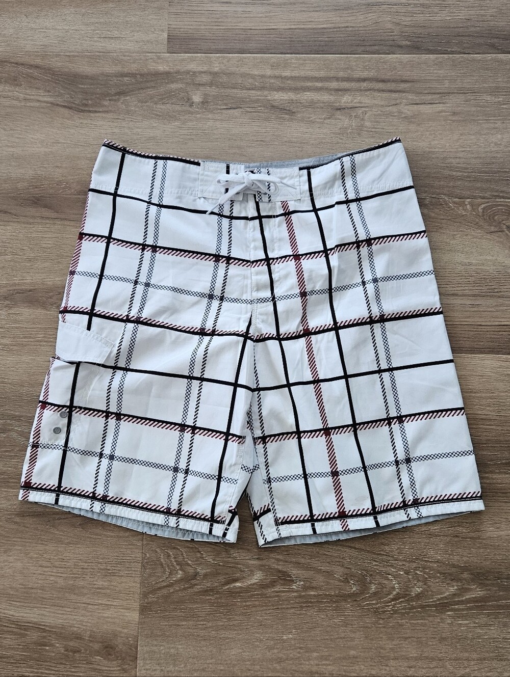 Mossimo Supply Co. White Black and Red Plaid Board Shorts Size 36